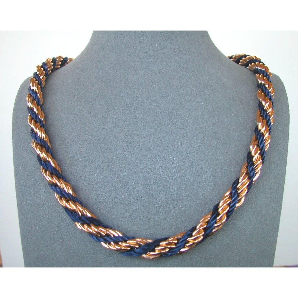 Vintage Twisted Rope Gold Tone & Blue Necklace 28"